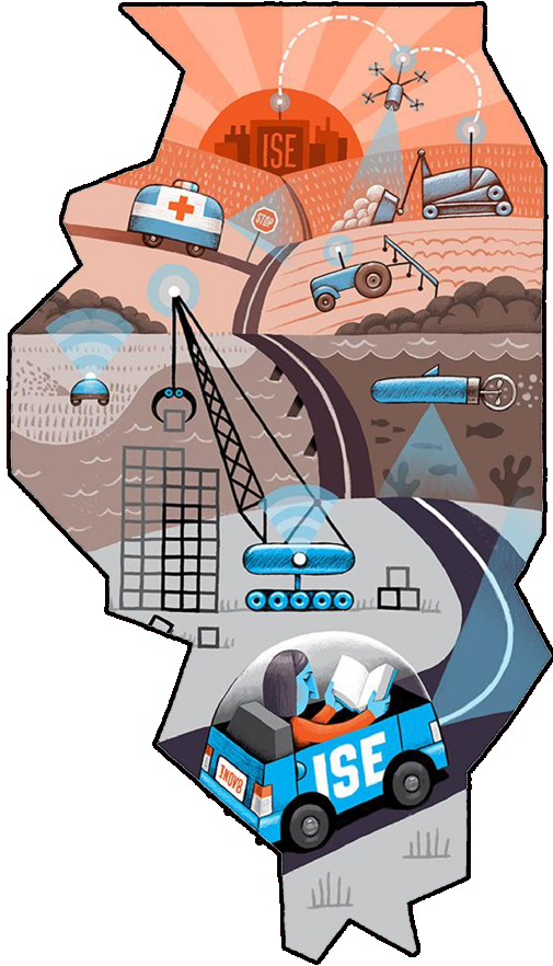 illustration of autonomous vehicles in an outline the state of Illinois